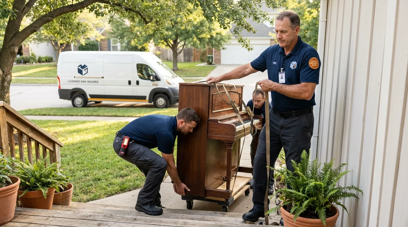 Licensed piano movers securing grand piano in New Waterford, OH