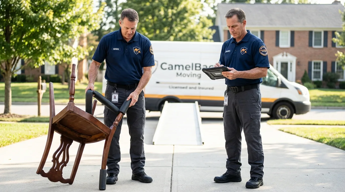 Movers inspecting furniture for damage prevention before loading in New Waterford, OH