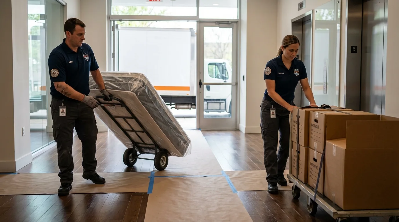 Professional apartment movers loading elevator in New Waterford, OH