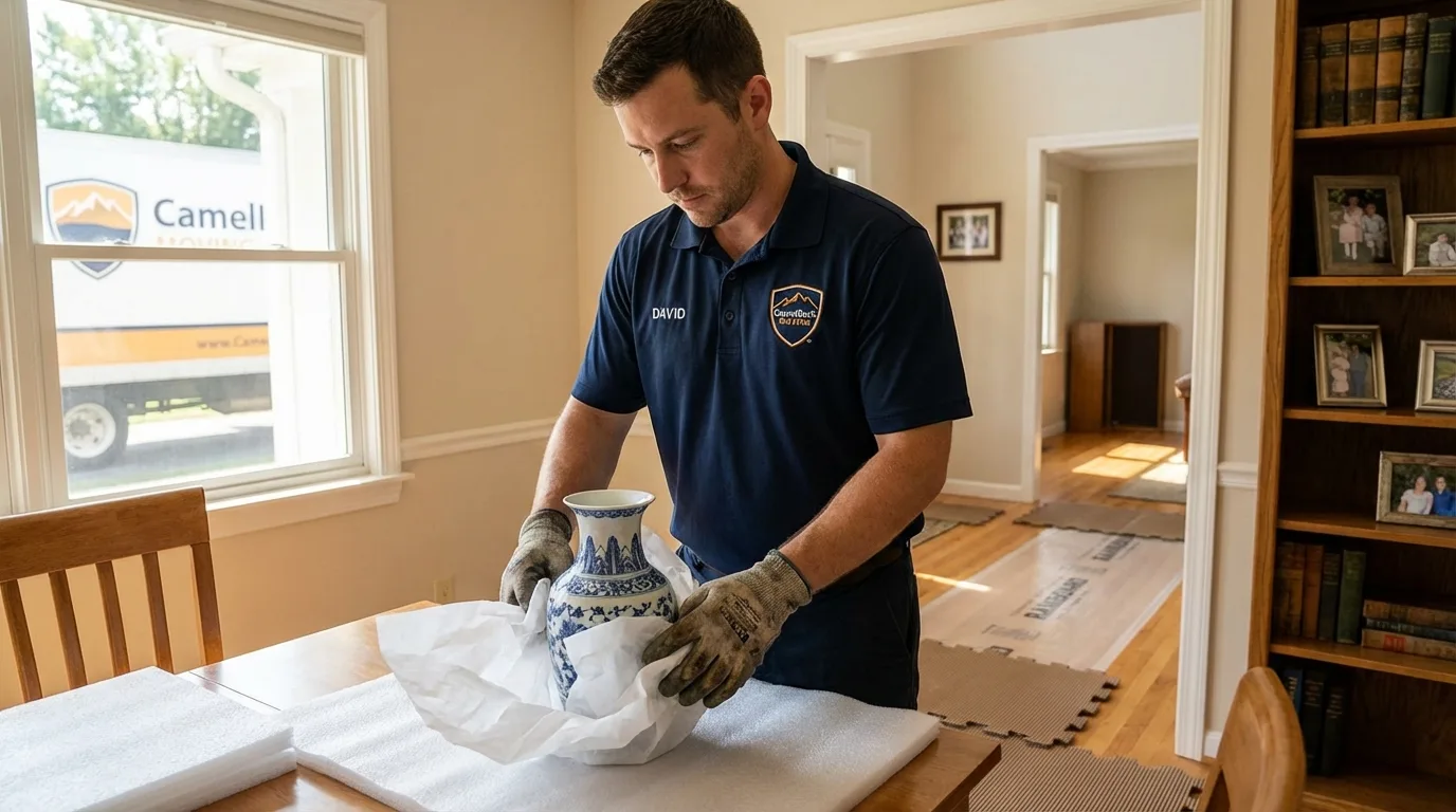 Professional crew carefully wrapping antique vase for senior downsizing move in New Waterford, OH