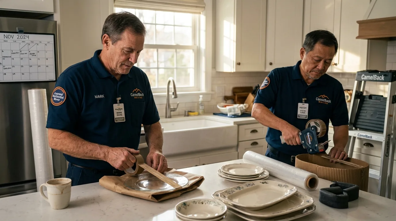 Professional crew packing kitchen dishware in New Waterford, OH